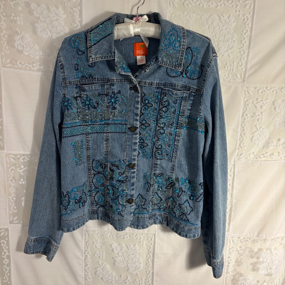 Blue Embroidered Beaded Whimsy Indie Boho‎ Jean Jacket Women's Size M-L